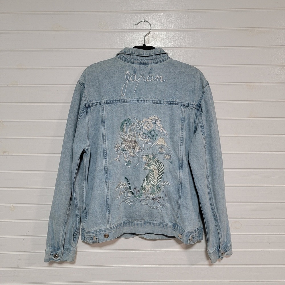 Pacsun Denim Japan Tiger Dragon Embroidered Jean Trucker Jacket Womens Large Y2K